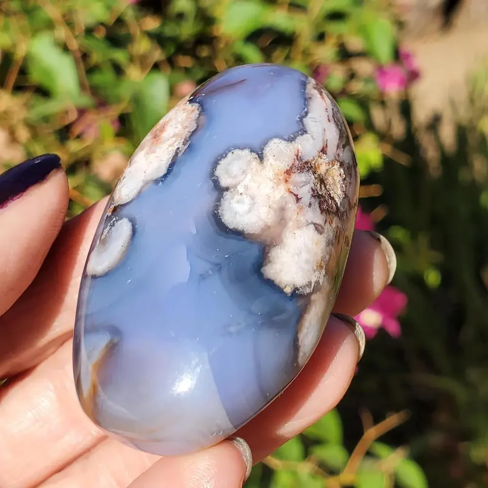 Blue Flower Blossom Agate Translucent Palmstone Crystal 66 grams